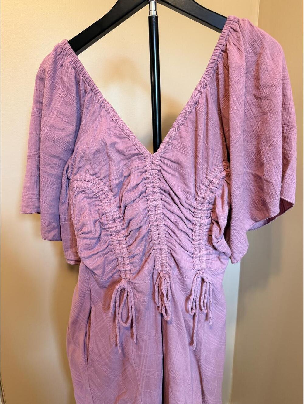 Free People Mauve Gauze Maxi Dress XS Boho Ruched Flutter Sleeve Cottagecore - Picture 3 of 7
